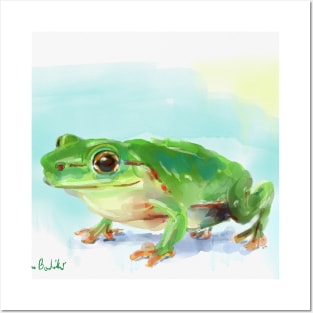 Green Shiny Frog Watercolor Painting Posters and Art